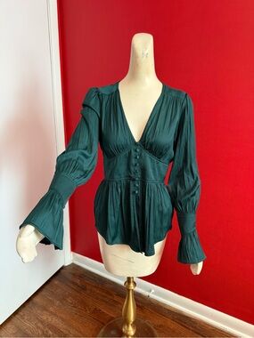 Anthropologie Emerald Green V-Neck Button-Front Blouse